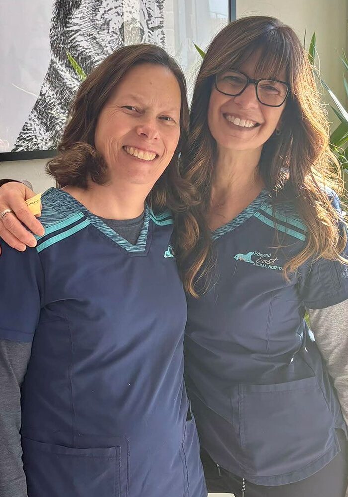 two female staff members smiling and posing together